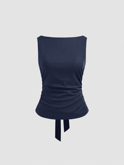Cider - Linen-Blend Boat Neckline Solid Bowknot Top