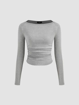 Cider - Cotton-Blend Boat Neck Solid Ruched Long Sleeve Tee