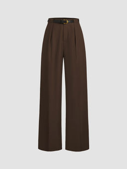 Cider - Petite Mid Rise Solid Straight Leg Trousers With Belt