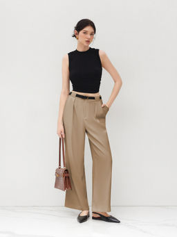 Cider - Petite Mid Rise Solid Straight Leg Trousers With Belt