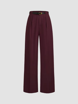 Cider - Petite Mid Rise Solid Straight Leg Trousers With Belt