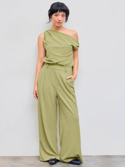 Cider - Asymmetrical Neck Solid Pocket Wide Leg Jumpsuit