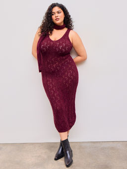 Cider - Wool-Blend V-Neck Solid Hollow Out Knitted Dress With Scarf Curve & Plus