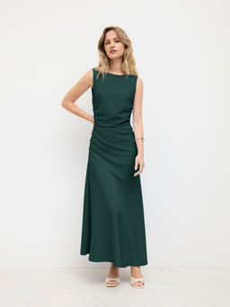 Cider - Boat Neck Solid Ruffle Ruched Maxi Dress