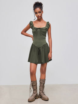 Cider - Square Neck Solid Knotted Ruffle Mini Dress