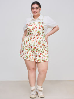 Cider - 100% Cotton Square Neck Strawberry Graphic Knotted Pocket Romper Curve & Plus