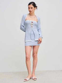 Cider - Knitted Solid Contrasting Binding Crop Cardigan & Solid Bowknot Cut Out Tube Top