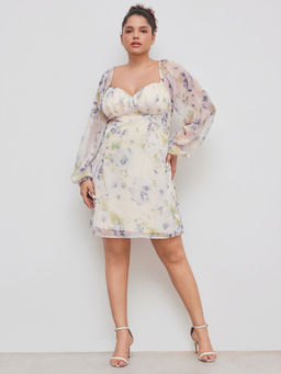 Cider - Sweetheart Neckline Floral Long Sleeve Mini Dress Curve & Plus