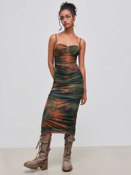 Cider - Mesh Sweetheart Neckline Gradient Ruched Maxi Dress