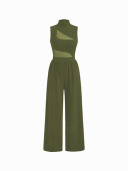 Cider - High Neck Solid Cut Out Patched Wide Leg Jumpsuit