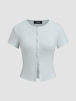 Cider - Round Neckline Solid Button Short Sleeve Top