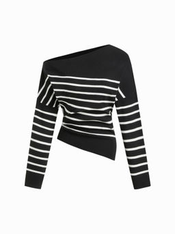 Cider - Knit Asymmetrical Neck Solid Ruched Long Sleeve Top
