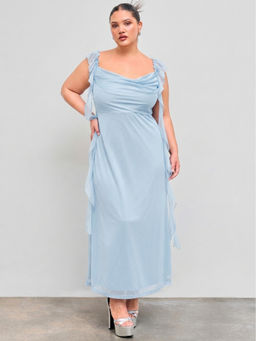 Cider - Mesh Cowl Neck Solid Sequin Ruffle Hem Maxi Dress Curve & Plus