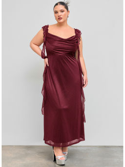Cider - Mesh Cowl Neck Solid Sequin Ruffle Hem Maxi Dress Curve & Plus