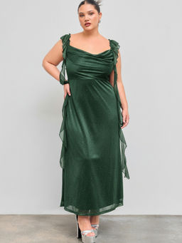 Cider - Mesh Cowl Neck Solid Sequin Ruffle Hem Maxi Dress Curve & Plus