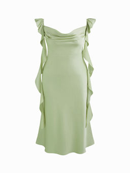 Cider - Satin Cowl Neck Solid Ruffle Hem Maxi Dress Curve & Plus