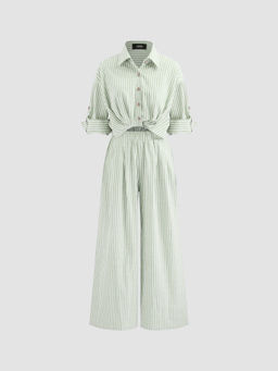 Cider - Cotton-Blend Collar Solid Striped Knotted Roll-Up Sleeve Jumpsuit