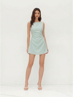 Cider - Linen-Blend Boat Neck Solid Knotted Backless Mini Dress