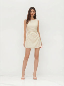 Cider - Linen-Blend Boat Neck Solid Knotted Backless Mini Dress