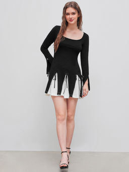 Cider - Square Neck Solid Bowknot Long Sleeve Mini Dress
