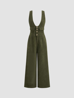 Cider - Corduroy Scoop Neckline Solid Button Pocket Jumpsuit