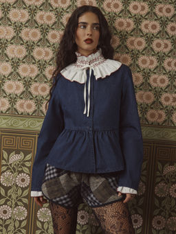 Cider - Round Neckline Solid Ruffle Hem Denim Jacket
