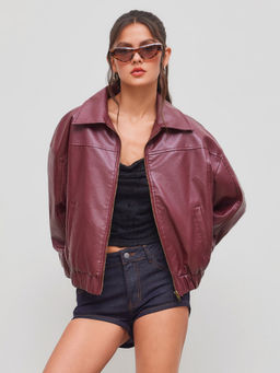 Cider - Faux Leather Collar Solid Pocket Zipper Bomber Jacket