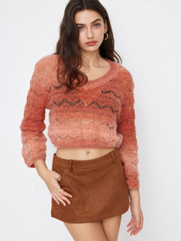 Cider - Knit V-Neck Hollow Out Long Sleeve Crop Top