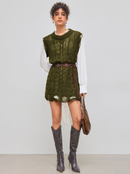 Cider - Wool-Blend Cable Knit Round Neckline Ripped Long Vest