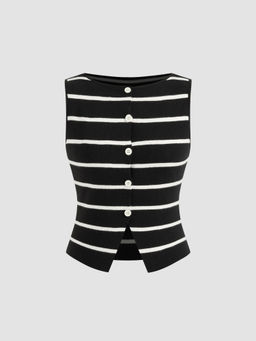 Cider - Knit Boat Neck Striped Button Split Vest