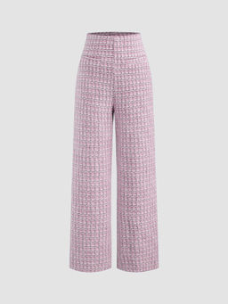Cider - Tweed Mid Rise Checks Zipper Wide Leg Trousers