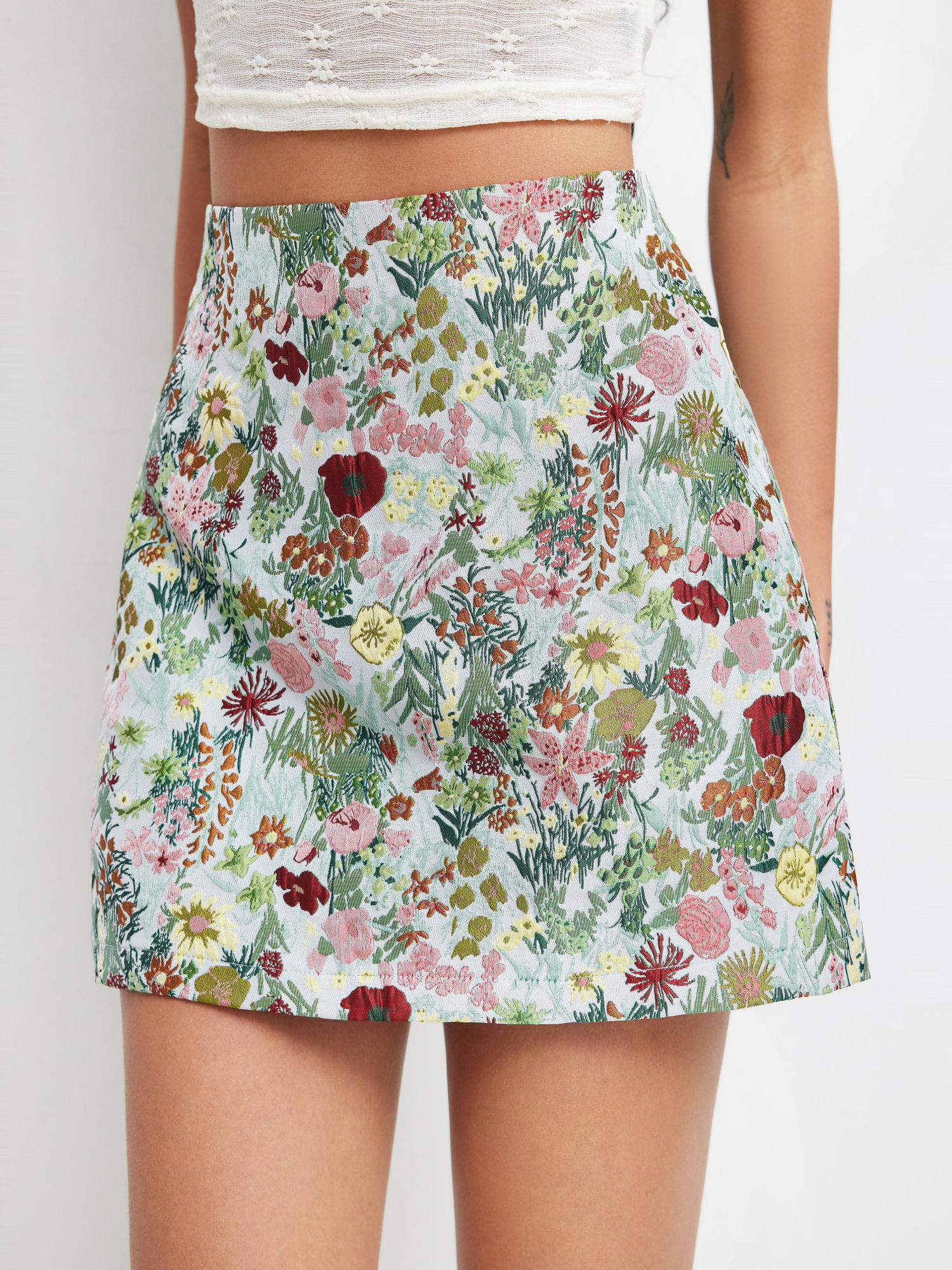 cider Jacquard Mid Rise Floral Zipper Mini Skirt-picture-21