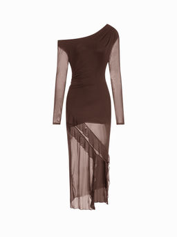 Cider - Mesh Asymmetrical Neck Floral Checks Ruffle Hem Maxi Dress