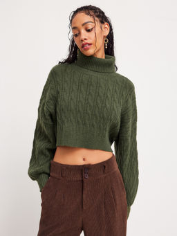 Cider - Cable Knit Turtleneck Solid Long Sleeve Crop Top