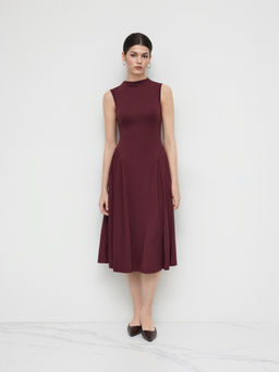 Cider - High Neck Solid Pocket Ruffle Midi Dress