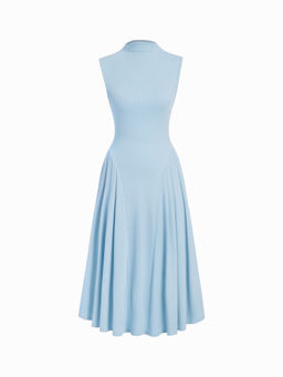 Cider - High Neck Solid Pocket Ruffle Midi Dress