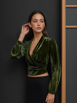 Cider - Velvet V-Neck Solid Wrap Long Sleeve Top