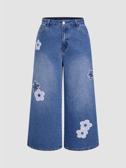 Cider - Denim Mid Rise Floral Appliques Wide Leg Jeans Curve & Plus