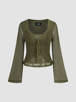 Cider - V-Neck Solid Lace Trim Knotted Lettuce Trim Long Sleeve Top