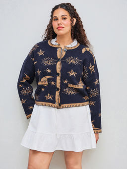 Cider - Knit Round Neckline Star Sun Moon Contrasting Binding Long Sleeve Cardigan Curve & Plus