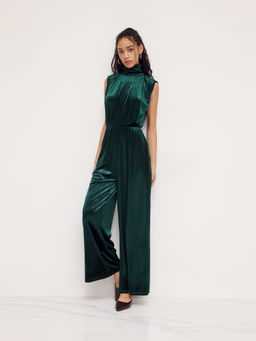 Cider - Velvet High Neck Ruched Zipper Wide Leg Jumpsuit