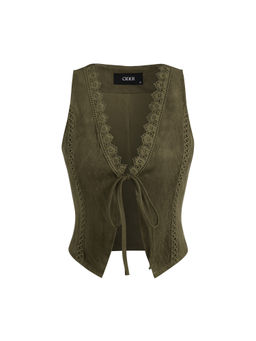 Cider - Suede V-Neck Lace Trim Waistcoat