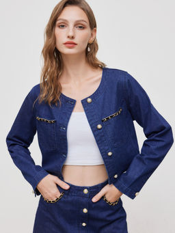 Cider - Denim Round Neckline Solid Pearl Chain Detail Crop Jacket