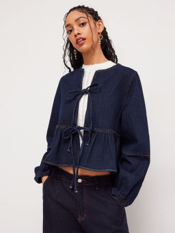 Cider - Denim Round Neckline Tie Front Ruffle Hem Jacket