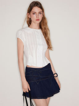 Cider - Denim Mid Rise Bowknot Pleated Micro Mini Skirt