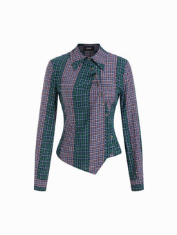 Cider - Cotton-Blend Collar Check Asymmetrical Wrap Blouse