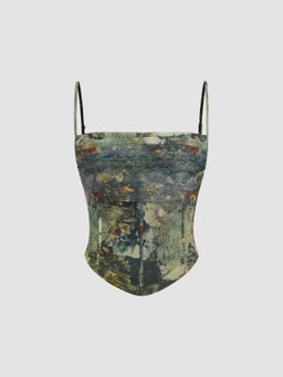 Cider - Mesh Abstract Ruched Corset Crop Cami Top