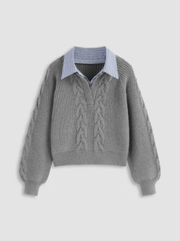 Cider - Cable Knit Collar Two Tone Long Sleeve Top