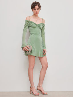 Cider - Mesh Glitter Off-Shoulder Ruched Mini Dress