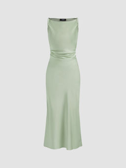 Cider - Satin Boat Neck Ruched Maxi Dress